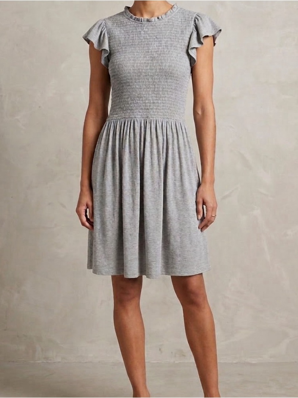 LOFT Smocked Ruffle-Sleeve Jersey Dress - Gray